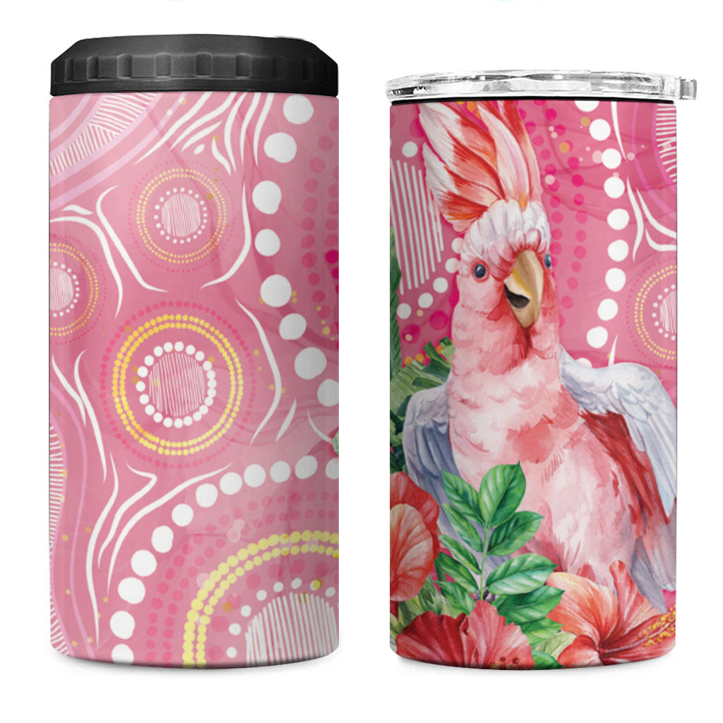 Breast Cancer Pink Cockatoo 4 in 1 Can Cooler Tumbler Indigenous Australia Watercolor Glaze
