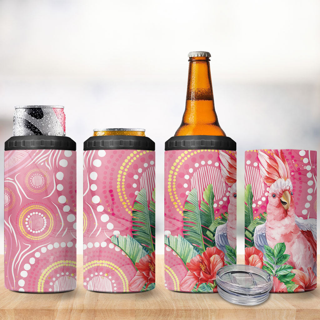 Breast Cancer Pink Cockatoo 4 in 1 Can Cooler Tumbler Indigenous Australia Watercolor Glaze
