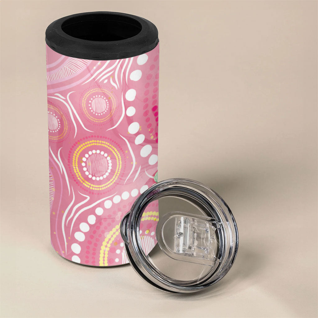 Breast Cancer Pink Cockatoo 4 in 1 Can Cooler Tumbler Indigenous Australia Watercolor Glaze
