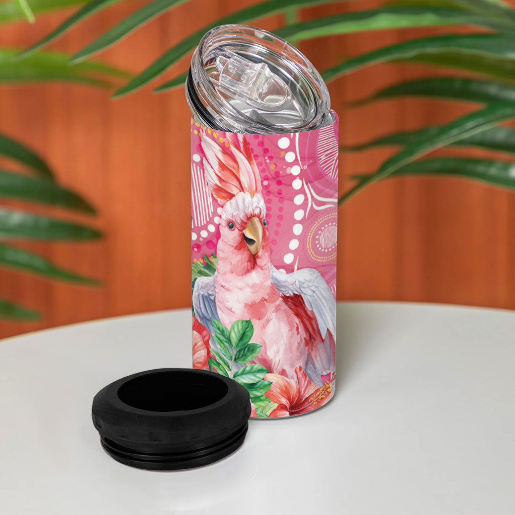 Breast Cancer Pink Cockatoo 4 in 1 Can Cooler Tumbler Indigenous Australia Watercolor Glaze