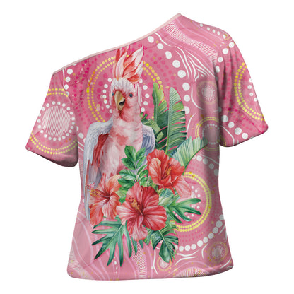 Breast Cancer Pink Cockatoo Cross Shoulder Shirt Indigenous Australia Watercolor Glaze