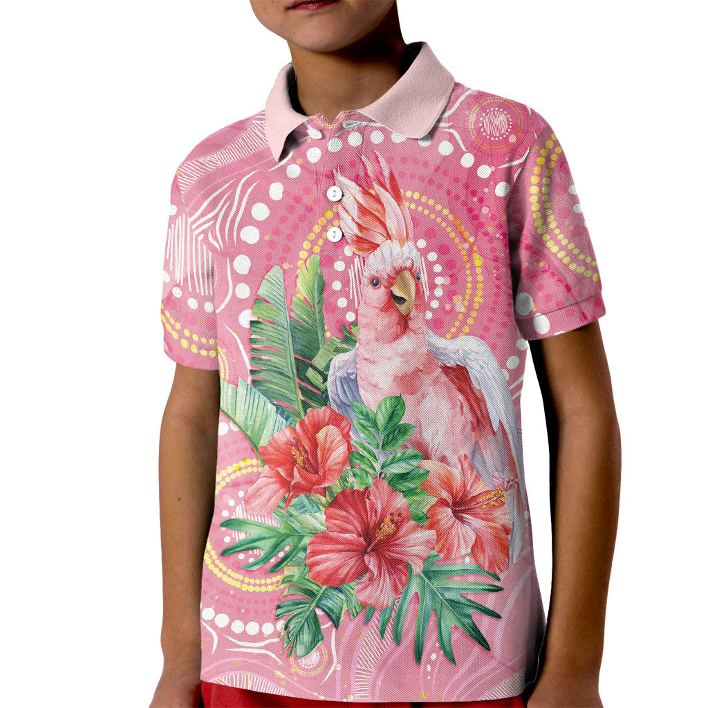 Breast Cancer Pink Cockatoo Kid Polo Shirt Indigenous Australia Watercolor Glaze