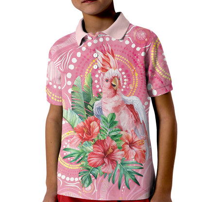 Breast Cancer Pink Cockatoo Kid Polo Shirt Indigenous Australia Watercolor Glaze