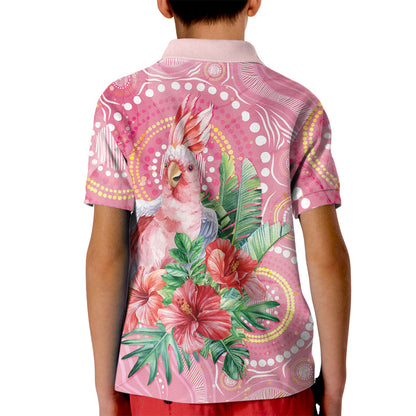 Breast Cancer Pink Cockatoo Kid Polo Shirt Indigenous Australia Watercolor Glaze
