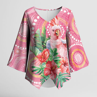 Breast Cancer Pink Cockatoo Kimono Sleeve Blouse Indigenous Australia Watercolor Glaze