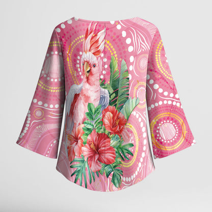 Breast Cancer Pink Cockatoo Kimono Sleeve Blouse Indigenous Australia Watercolor Glaze