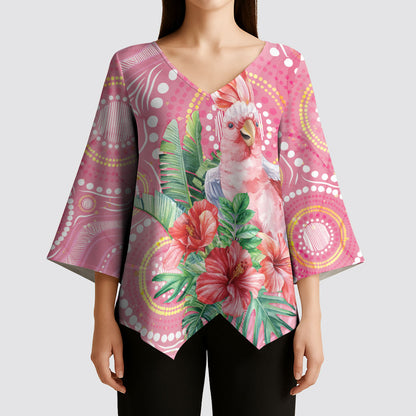 Breast Cancer Pink Cockatoo Kimono Sleeve Blouse Indigenous Australia Watercolor Glaze