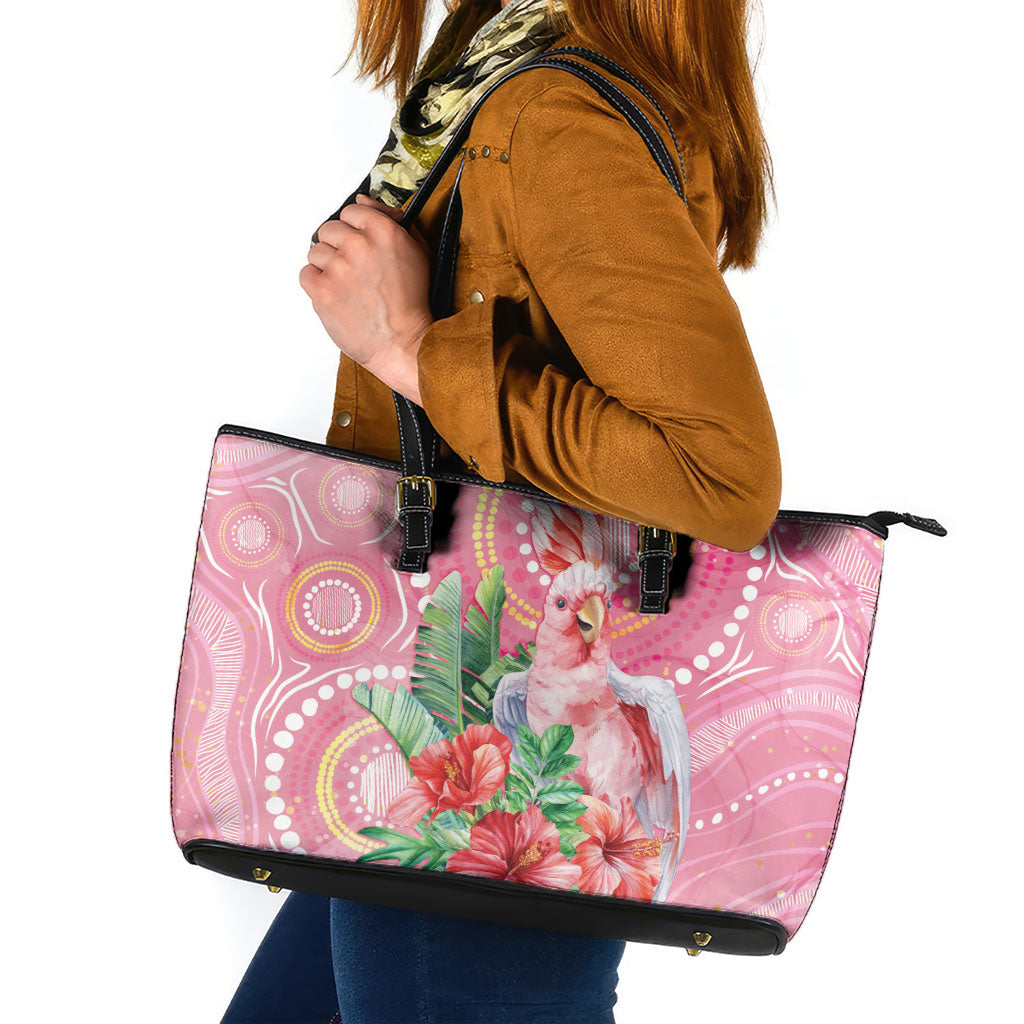 Breast Cancer Pink Cockatoo Leather Tote Bag Indigenous Australia Watercolor Glaze