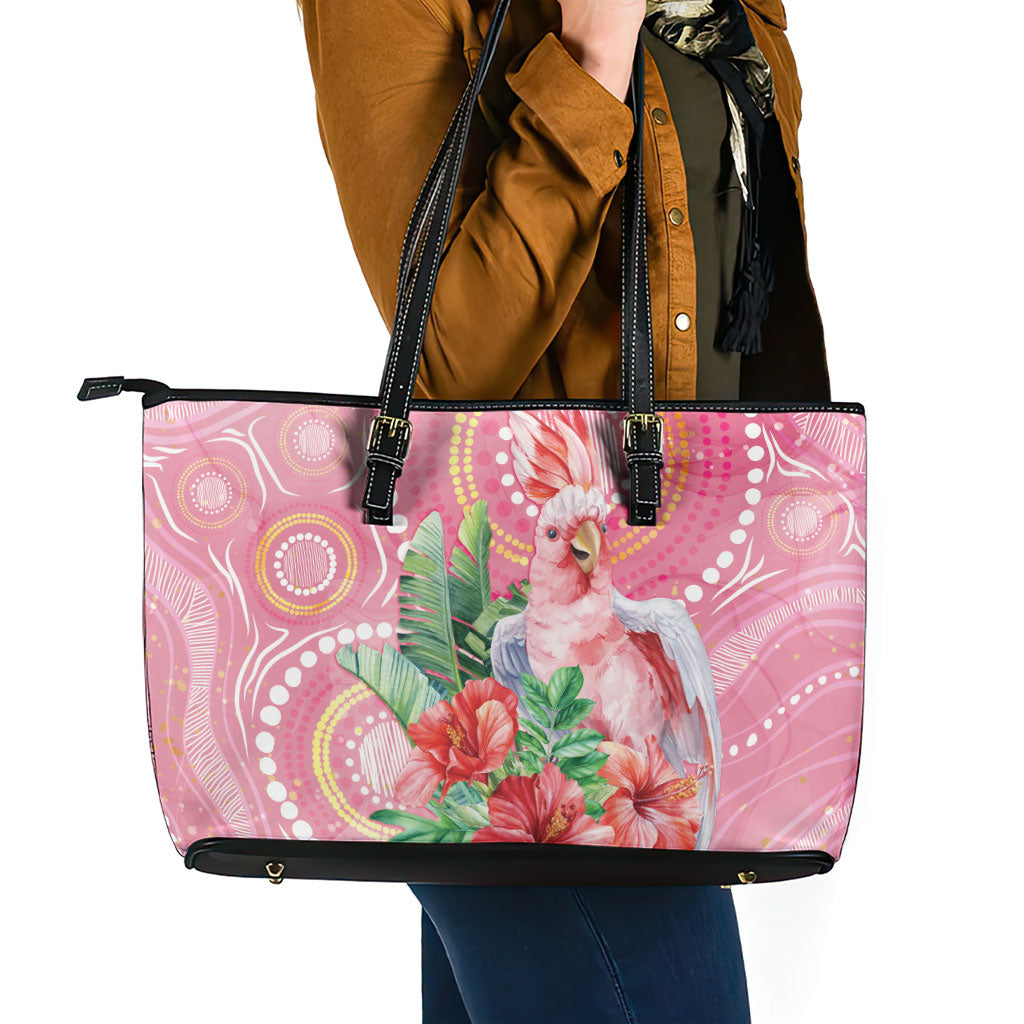 Breast Cancer Pink Cockatoo Leather Tote Bag Indigenous Australia Watercolor Glaze