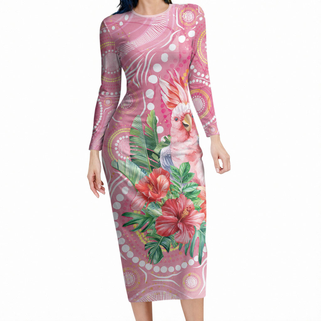 Breast Cancer Pink Cockatoo Long Sleeve Bodycon Dress Indigenous Australia Watercolor Glaze