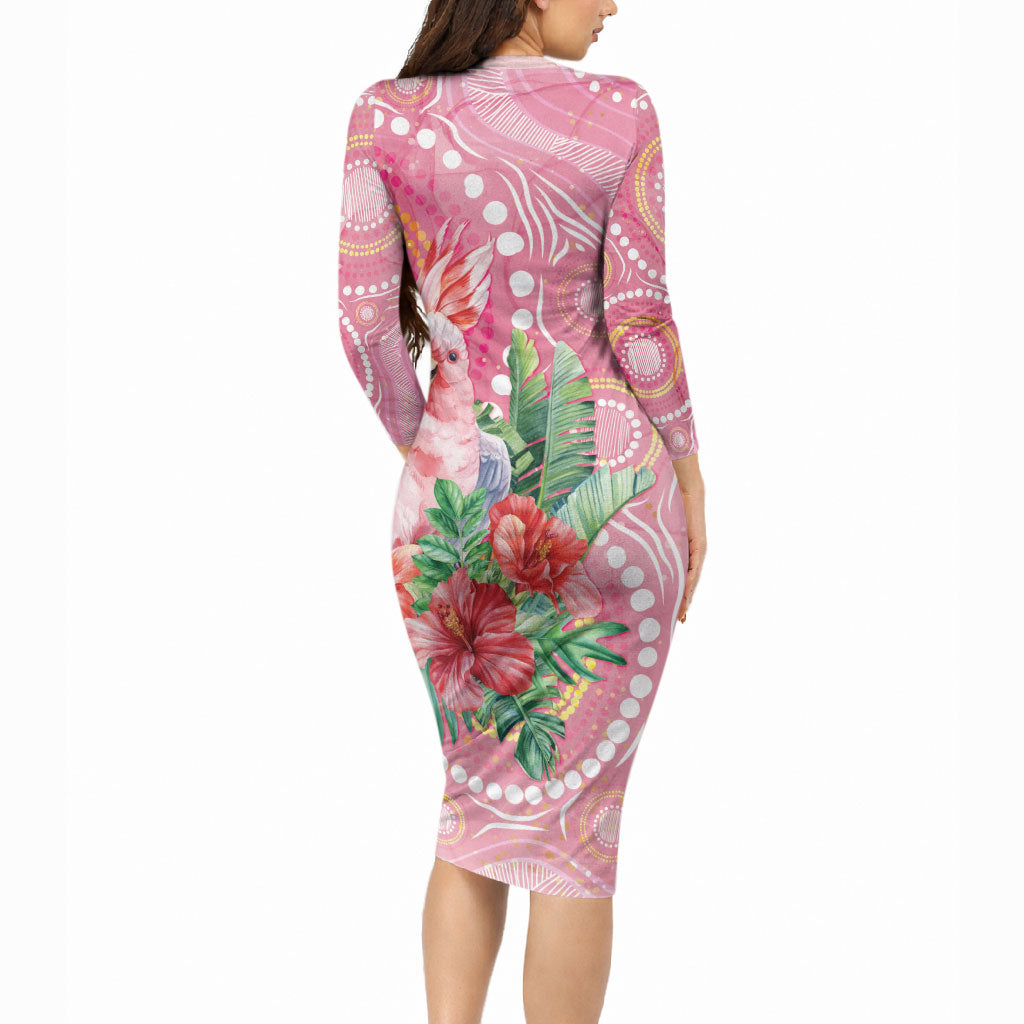 Breast Cancer Pink Cockatoo Long Sleeve Bodycon Dress Indigenous Australia Watercolor Glaze