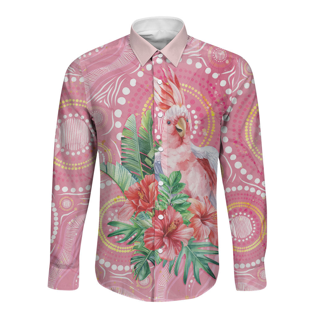 Breast Cancer Pink Cockatoo Long Sleeve Button Shirt Indigenous Australia Watercolor Glaze