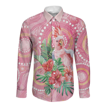 Breast Cancer Pink Cockatoo Long Sleeve Button Shirt Indigenous Australia Watercolor Glaze