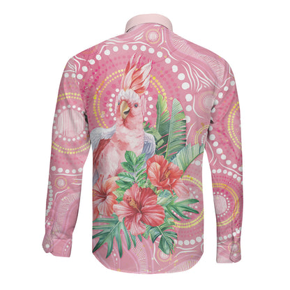 Breast Cancer Pink Cockatoo Long Sleeve Button Shirt Indigenous Australia Watercolor Glaze
