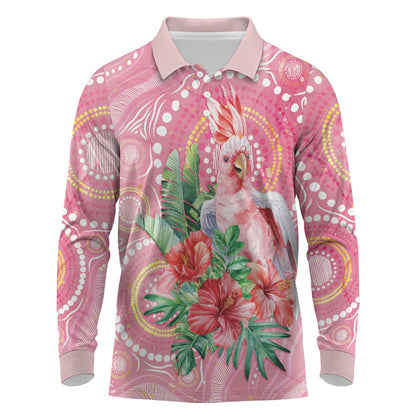 Breast Cancer Pink Cockatoo Long Sleeve Polo Shirt Indigenous Australia Watercolor Glaze