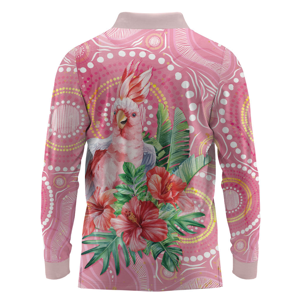 Breast Cancer Pink Cockatoo Long Sleeve Polo Shirt Indigenous Australia Watercolor Glaze