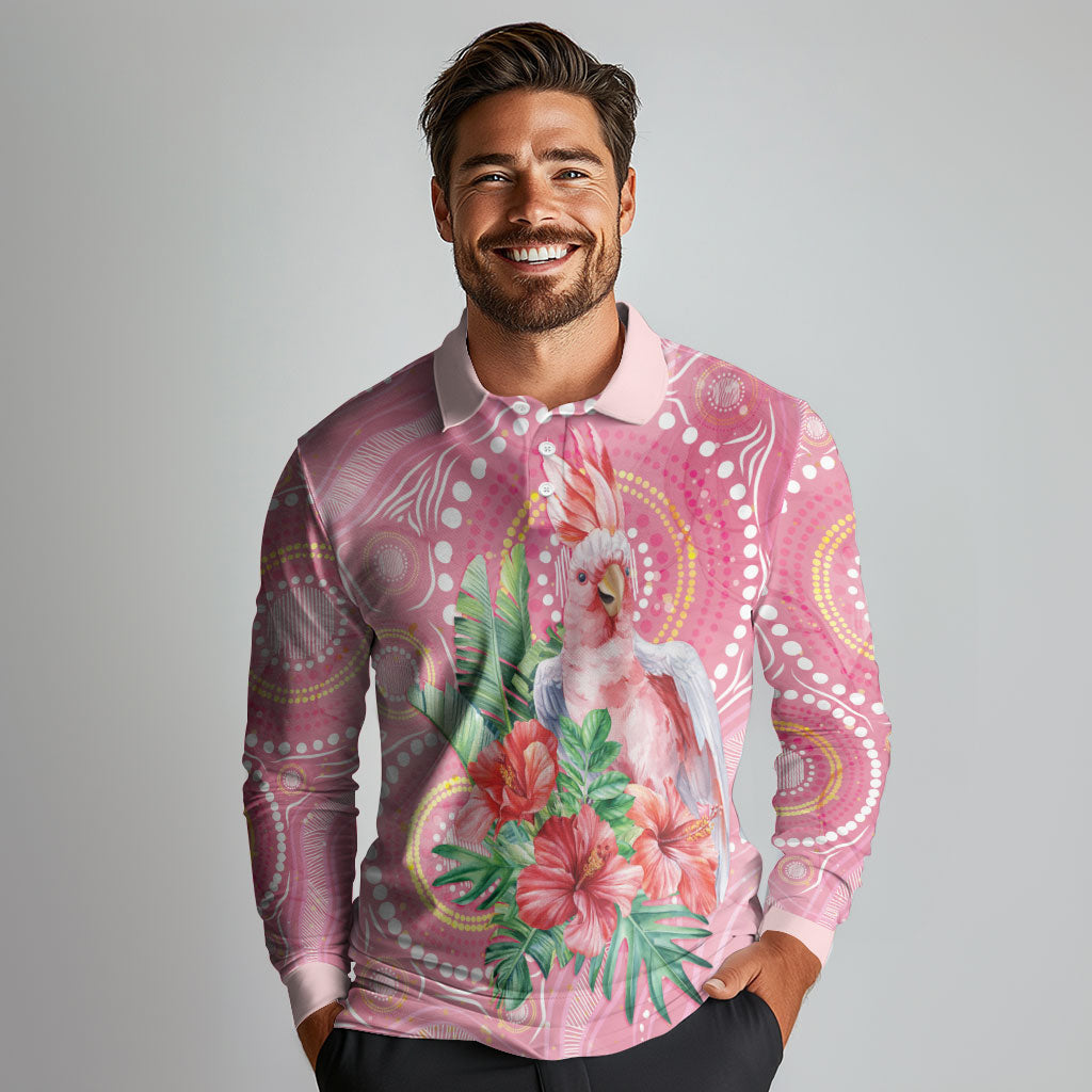 Breast Cancer Pink Cockatoo Long Sleeve Polo Shirt Indigenous Australia Watercolor Glaze