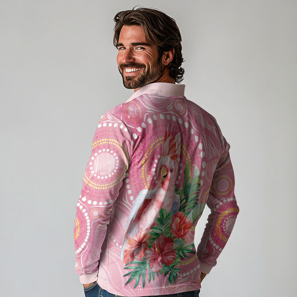 Breast Cancer Pink Cockatoo Long Sleeve Polo Shirt Indigenous Australia Watercolor Glaze