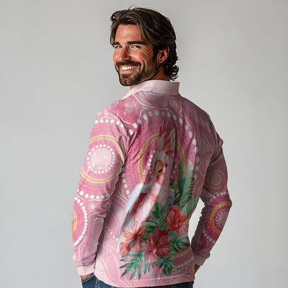 Breast Cancer Pink Cockatoo Long Sleeve Polo Shirt Indigenous Australia Watercolor Glaze