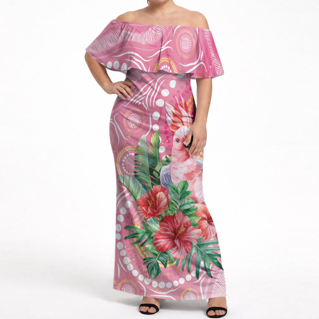Breast Cancer Pink Cockatoo Off Shoulder Maxi Dress Indigenous Australia Watercolor Glaze