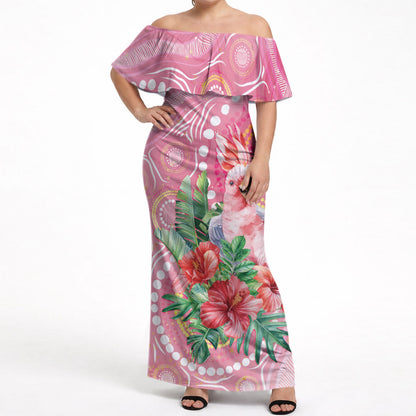Breast Cancer Pink Cockatoo Off Shoulder Maxi Dress Indigenous Australia Watercolor Glaze