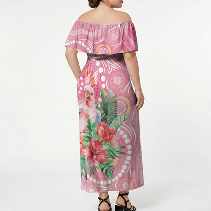 Breast Cancer Pink Cockatoo Off Shoulder Maxi Dress Indigenous Australia Watercolor Glaze