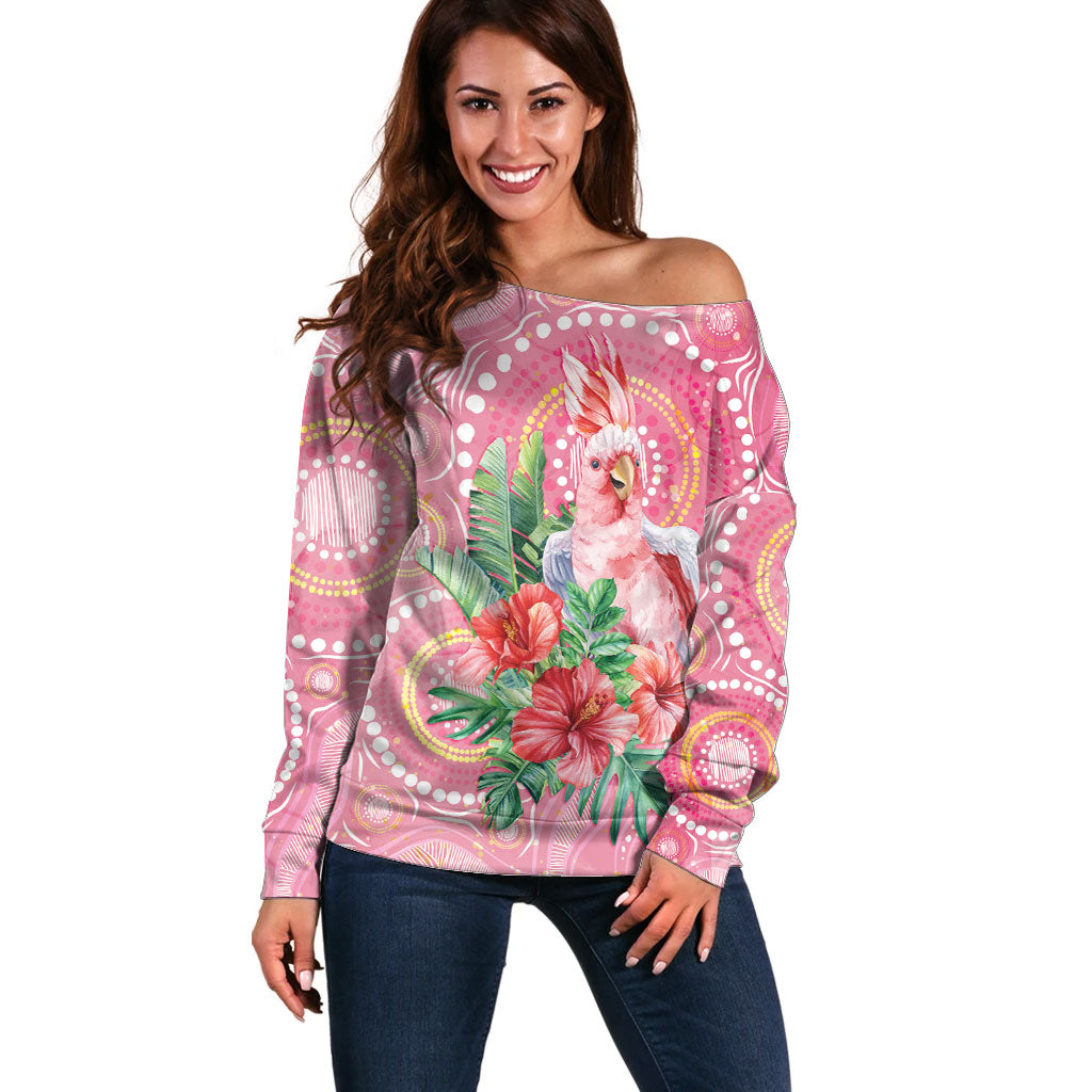 Breast Cancer Pink Cockatoo Off Shoulder Sweater Indigenous Australia Watercolor Glaze