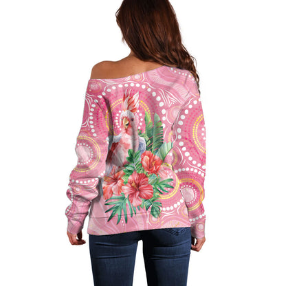 Breast Cancer Pink Cockatoo Off Shoulder Sweater Indigenous Australia Watercolor Glaze