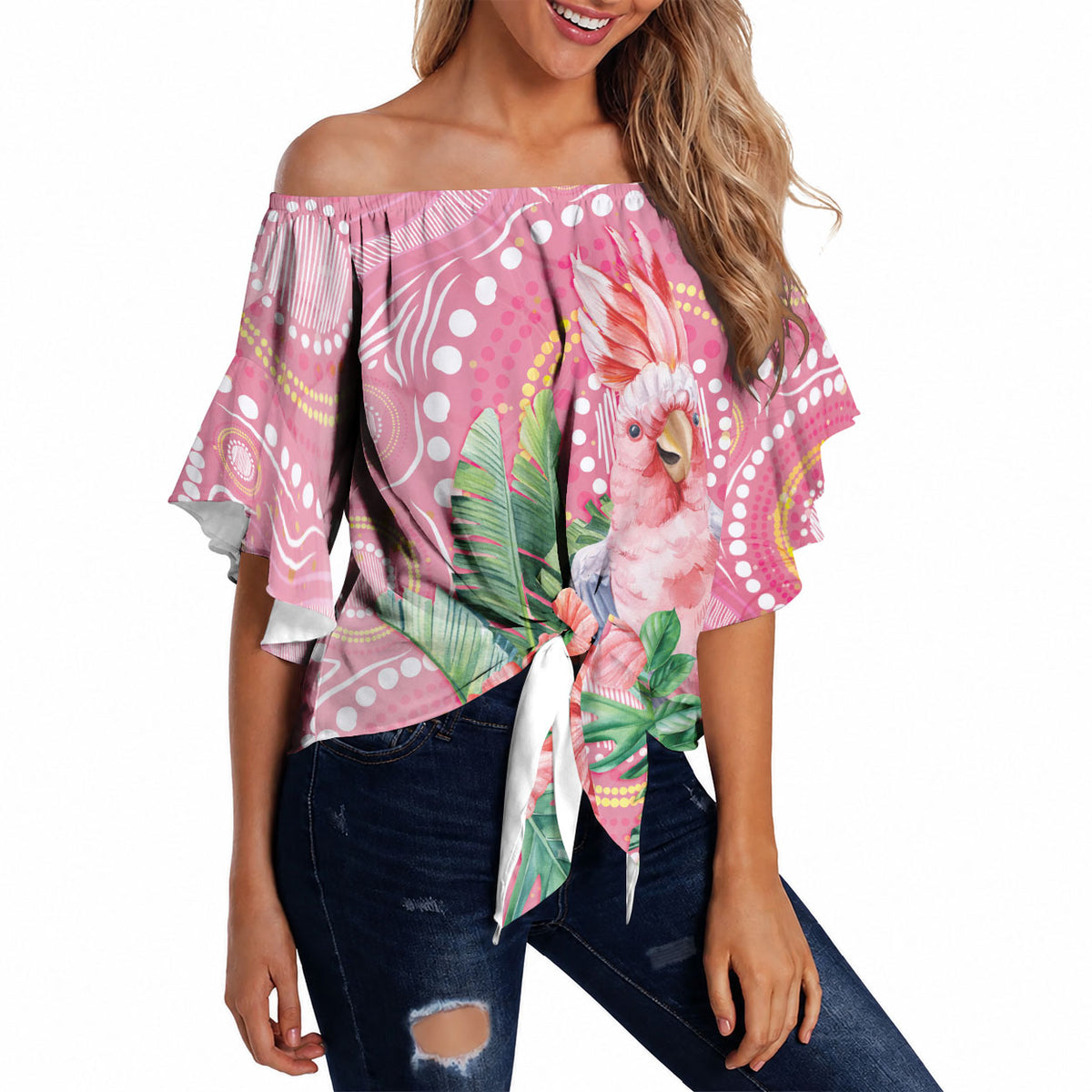 Breast Cancer Pink Cockatoo Off Shoulder Wrap Waist Top Indigenous Australia Watercolor Glaze