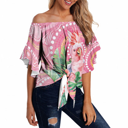 Breast Cancer Pink Cockatoo Off Shoulder Wrap Waist Top Indigenous Australia Watercolor Glaze