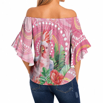 Breast Cancer Pink Cockatoo Off Shoulder Wrap Waist Top Indigenous Australia Watercolor Glaze