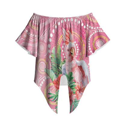 Breast Cancer Pink Cockatoo Off Shoulder Wrap Waist Top Indigenous Australia Watercolor Glaze