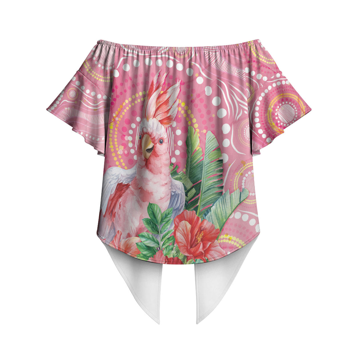 Breast Cancer Pink Cockatoo Off Shoulder Wrap Waist Top Indigenous Australia Watercolor Glaze
