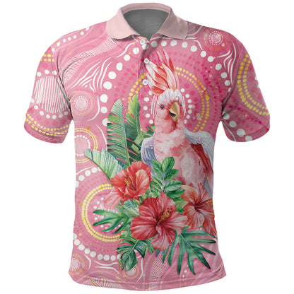 Breast Cancer Pink Cockatoo Polo Shirt Indigenous Australia Watercolor Glaze