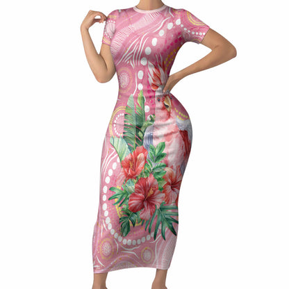 Breast Cancer Pink Cockatoo Short Sleeve Bodycon Dress Indigenous Australia Watercolor Glaze