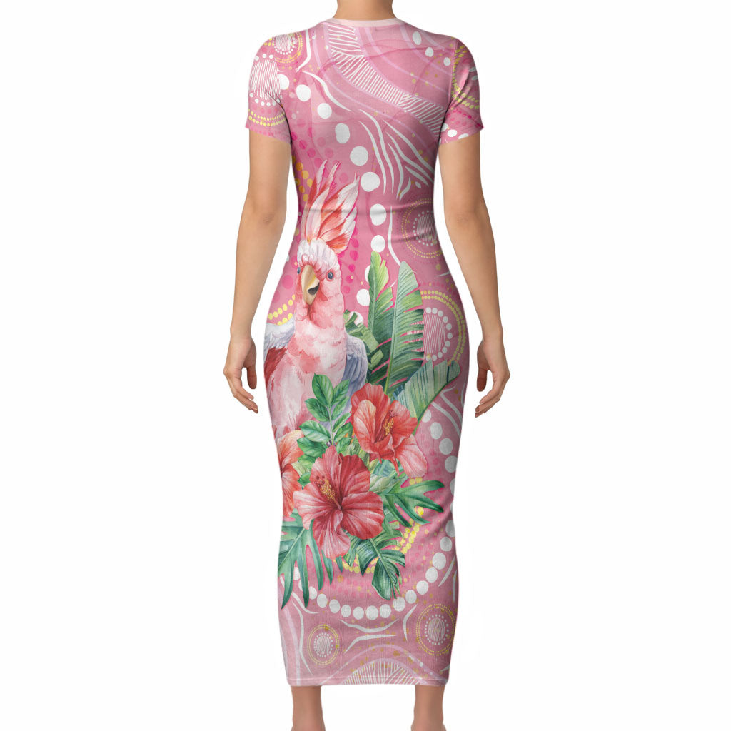 Breast Cancer Pink Cockatoo Short Sleeve Bodycon Dress Indigenous Australia Watercolor Glaze