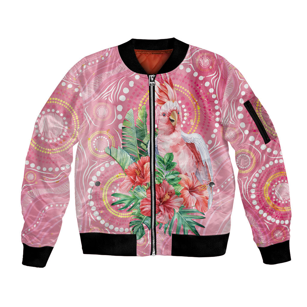 Breast Cancer Pink Cockatoo Sleeve Zip Bomber Jacket Indigenous Australia Watercolor Glaze