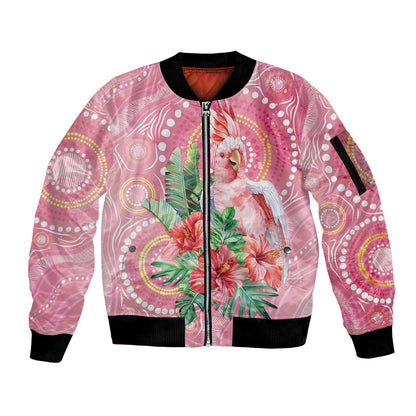 Breast Cancer Pink Cockatoo Sleeve Zip Bomber Jacket Indigenous Australia Watercolor Glaze