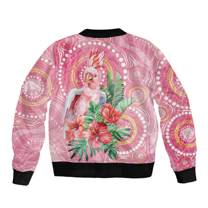 Breast Cancer Pink Cockatoo Sleeve Zip Bomber Jacket Indigenous Australia Watercolor Glaze