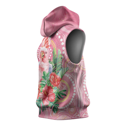 Breast Cancer Pink Cockatoo Sleeveless Hoodie Indigenous Australia Watercolor Glaze