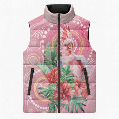 Breast Cancer Pink Cockatoo Sleeveless Puffer Jacket Indigenous Australia Watercolor Glaze