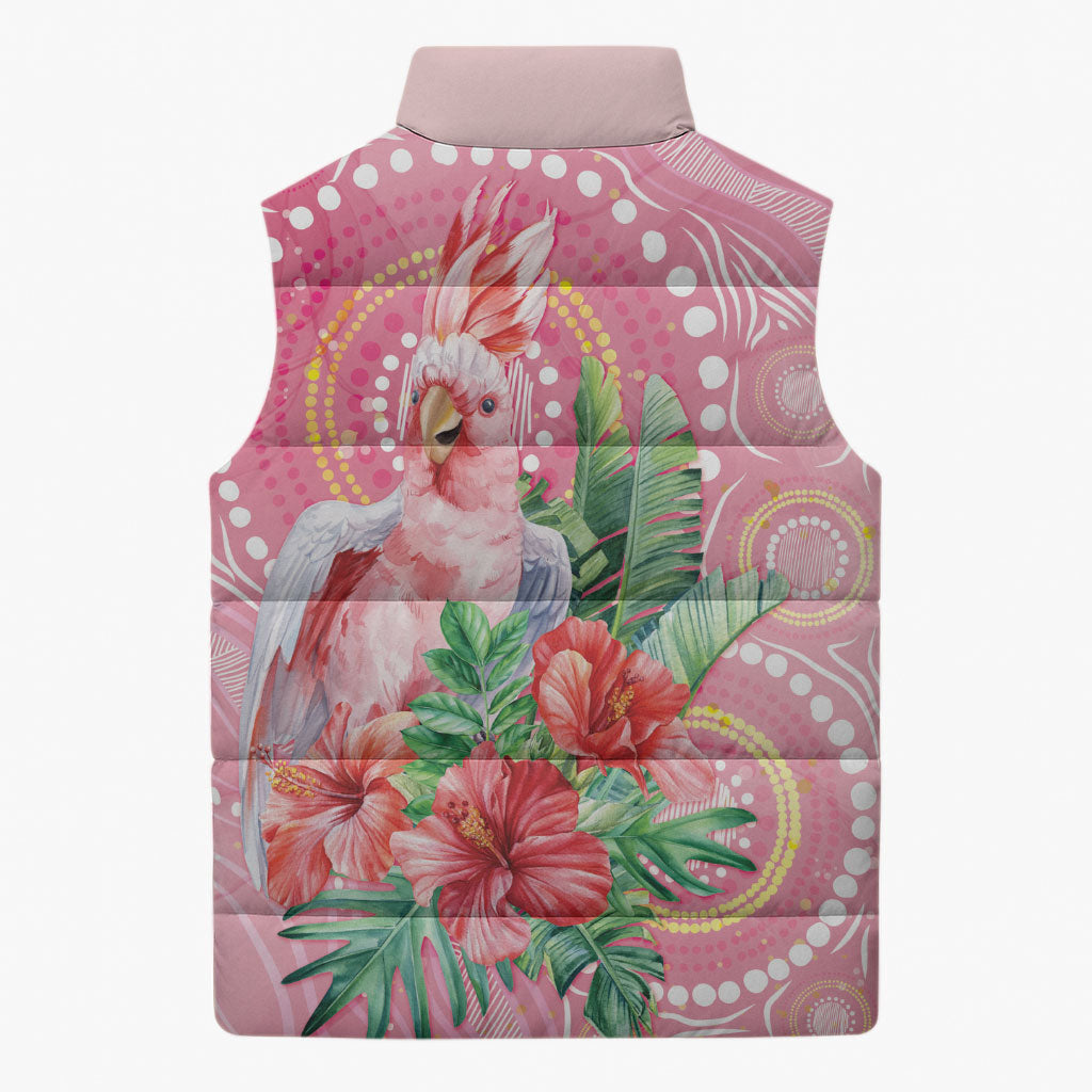 Breast Cancer Pink Cockatoo Sleeveless Puffer Jacket Indigenous Australia Watercolor Glaze