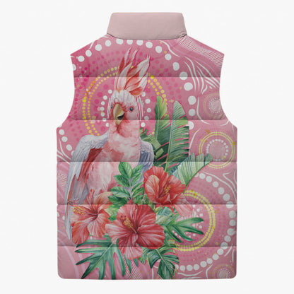 Breast Cancer Pink Cockatoo Sleeveless Puffer Jacket Indigenous Australia Watercolor Glaze