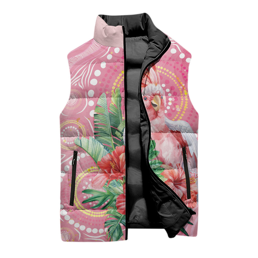 Breast Cancer Pink Cockatoo Sleeveless Puffer Jacket Indigenous Australia Watercolor Glaze