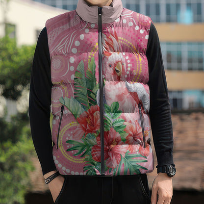 Breast Cancer Pink Cockatoo Sleeveless Puffer Jacket Indigenous Australia Watercolor Glaze
