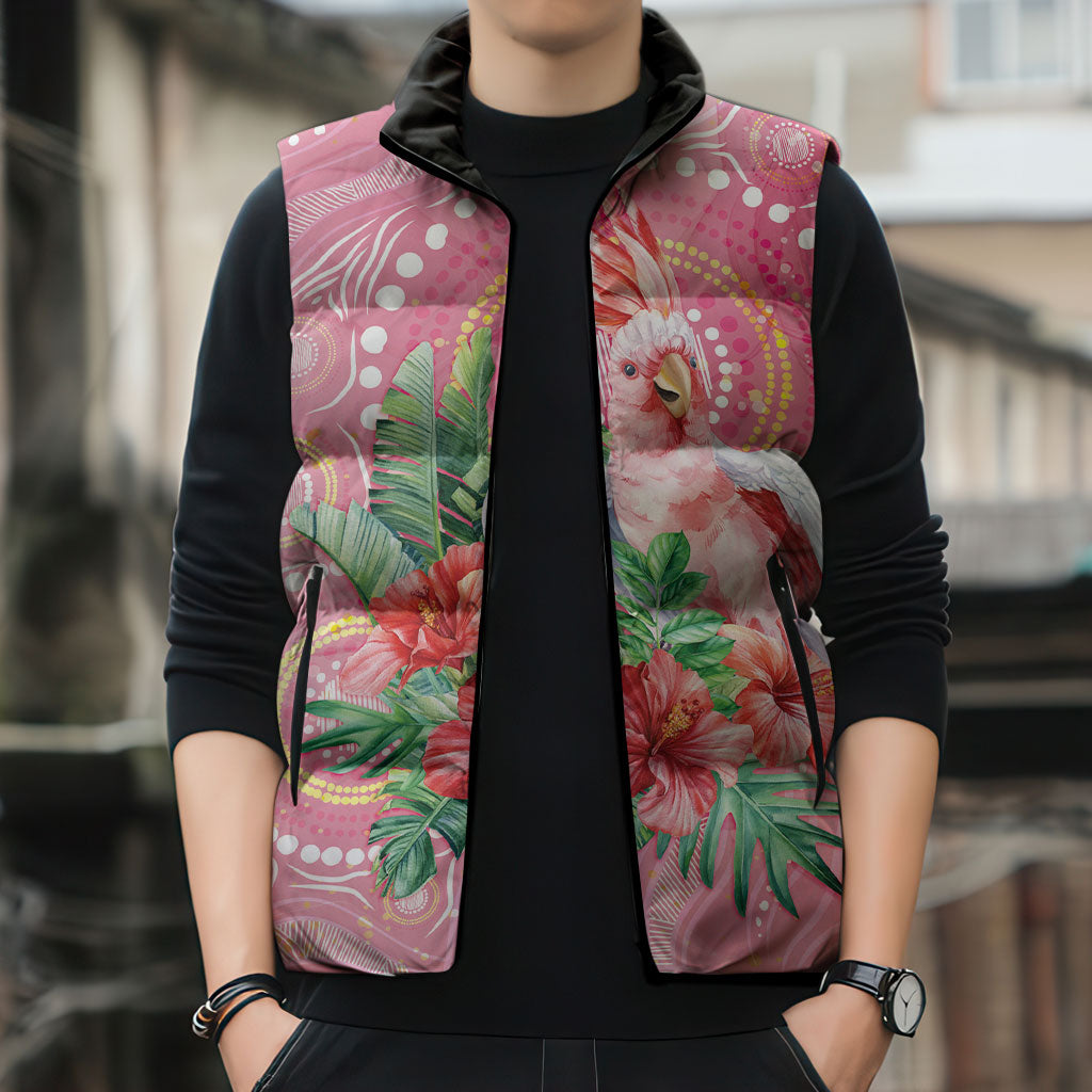 Breast Cancer Pink Cockatoo Sleeveless Puffer Jacket Indigenous Australia Watercolor Glaze