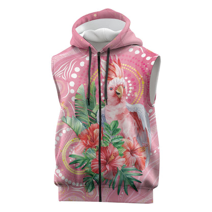 Breast Cancer Pink Cockatoo Sleeveless Zip Hoodie Indigenous Australia Watercolor Glaze