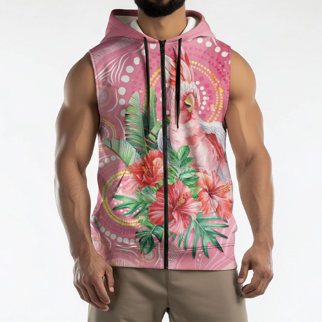 Breast Cancer Pink Cockatoo Sleeveless Zip Hoodie Indigenous Australia Watercolor Glaze
