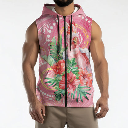 Breast Cancer Pink Cockatoo Sleeveless Zip Hoodie Indigenous Australia Watercolor Glaze