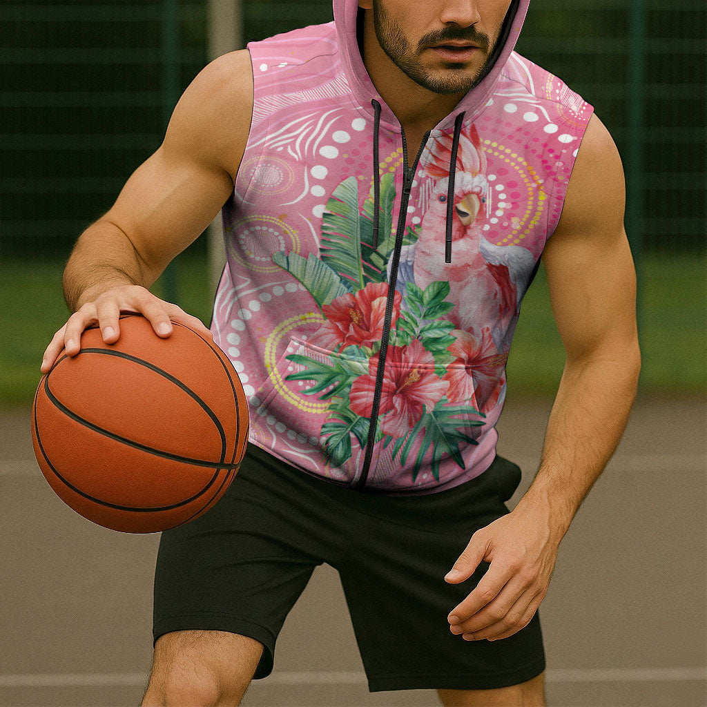 Breast Cancer Pink Cockatoo Sleeveless Zip Hoodie Indigenous Australia Watercolor Glaze